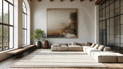 Contemporary living room design boasting high ceilings, arched windows, modular sofa, and striking abstract wall art.