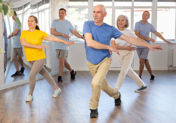 Enthusiastic elderly man attending group choreography class, learning modern dynamic dances....