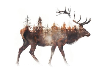 A majestic stag merged with the mystical aura of a foggy woodland in a double exposure 