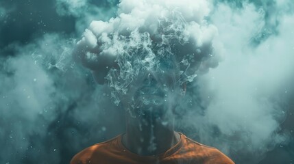 A stressed man appears lost in thought, his head seemingly in the clouds - obrazy, fototapety, plakaty