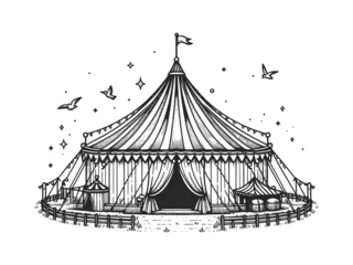 Papier Peint photo Chats Circus tent sketch line art engraving generative ai vector illustration. Scratch board imitation. Black and white image.
