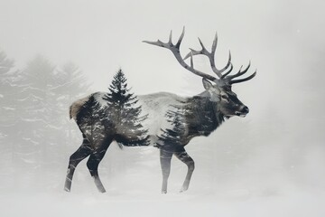 A majestic stag merged with the mystical aura of a foggy woodland in a double exposure 