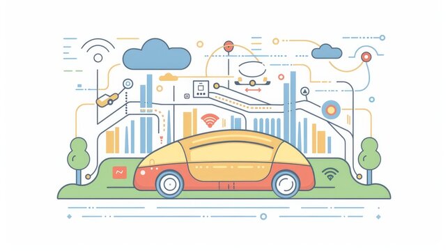 A minimalist vector illustration depicts driverless car technology, autonomous vehicle capabilities, and IoT integration in road transport