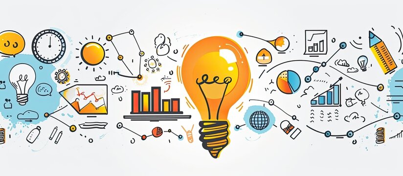 A light bulb stands out in the center, surrounded by a variety of different objects such as books, tools, gears, and plants. Each object represents a different aspect of creativity, innovation, and