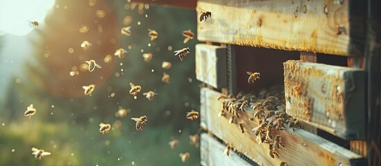 Numerous bees are flying around a wooden beehive in an apiary, with many bees entering and exiting the old beehive. The bees are busy on frames inside the hive.