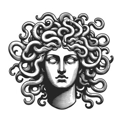 Medusa Gorgo head with snakes sketch engraving generative ai vector illustration. Scratch board imitation. Black and white image.