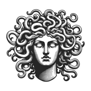 Medusa Gorgo head with snakes sketch engraving generative ai vector illustration. Scratch board imitation. Black and white image.