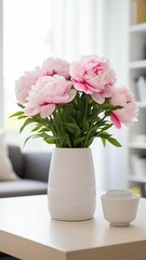 White Vase with Pink Flowers on Coffee Table in Living Room

