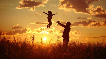 Father and son playing in the park at the sunset time. People having fun on the field. Concept of friendly family and of summer vacation.