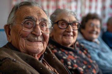 Smiling elders engaging in activities at a retirement center - obrazy, fototapety, plakaty
