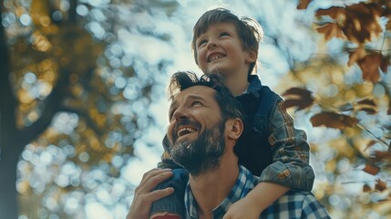 Father giving son ride on back in park. Portrait of happy father giving son piggyback ride on his shoulders and looking up. Cute boy with dad playing outdoor.