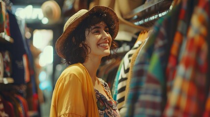Obraz premium Happy young woman buying new clothes in store. Sale shopping fashion and people concept