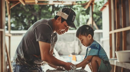 Little son helping his father with building work