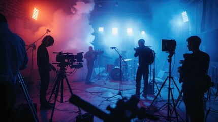 Silhouette images of video production behind the scenes. making of TV commercial movie that film crew team lightman and cameraman working together with film director in studio. film production concept