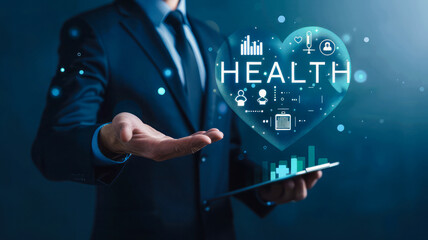 A person holds icons symbolizing connection to the medical network. Increasing awareness of healthcare drives the rise in health insurance. Emphasis on science and digital health protection