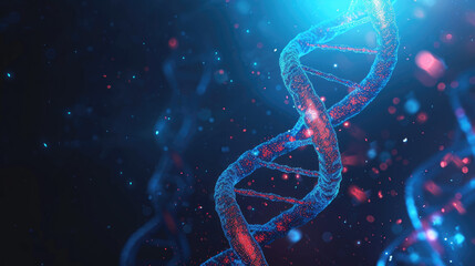 DNA.Digital illustration of a glowing DNA double helix structure in blue and red, symbolizing advanced research in genetics and biotechnology.
