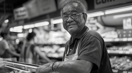 Smiling man as a cashier sits at the cash register in the supermarket