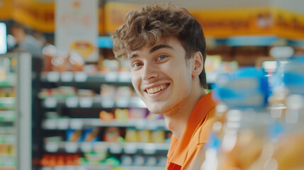 Smiling man as a cashier sits at the cash register in the supermarket