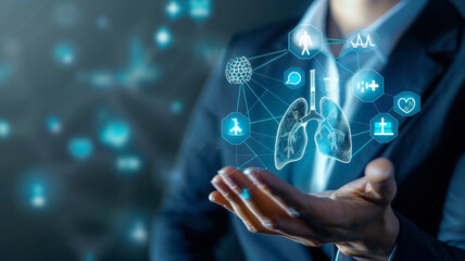 A person handles icons related to the medical network, including a lung hologram. Conceptually, this represents the synthesis of technology and medicine, with a focus on innovation and digital health  - obrazy, fototapety, plakaty