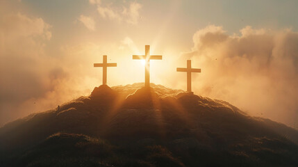 Three crosses up on a hill at sunset, Crucifixion of Jesus Christ concept