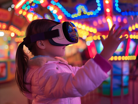 A child is captivated by a virtual reality experience, surrounded by vibrant amusement park lights, neon colors, evening