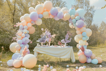 Pastel balloon arch framing a wedding table at an al fresco wedding