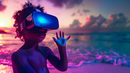 African american child boy wears VR glasses on the beach, hand raised, exploring a digital world at dusk, neon colors, sunset, banner, copy space.