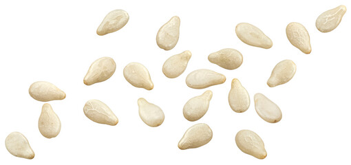 Falling sesame seeds isolated on white background