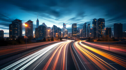 Abstract speeding motion blurred city and light trails, 3D rendering