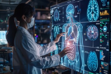 Surgeon reviews human body on innovative monitor