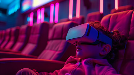 Child is seated in a theater wearing a VR glasses enjoying the experience, modern cinema, neon colors