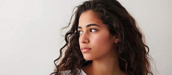 A serious young Hispanic woman with long hair glances sideways in a digital painting on a white background. The womans expression is focused and contemplative, highlighting the detailed rendering of - obrazy, fototapety, plakaty