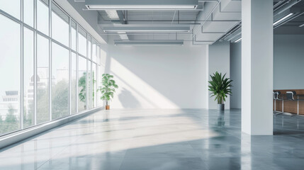 Bright, sunlit corporate office lobby with panoramic glass walls offering a city view, furnished with a modern lounge area and indoor plants.