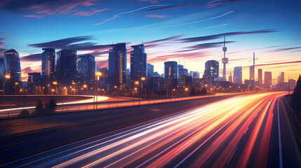 Fototapeta premium Abstract speeding motion blurred city and light trails, 3D rendering