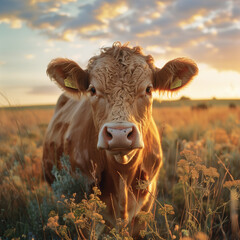 illustration of a cow in a field at sunset	

