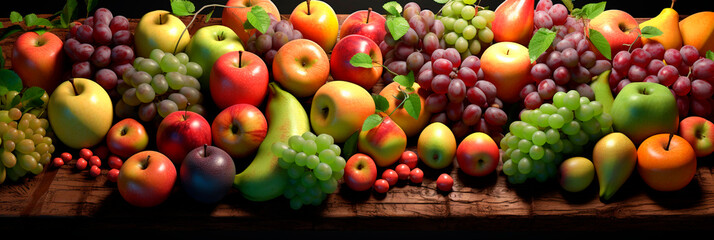 Banner with apples, pears and grapes. Lots of fruits on the table.