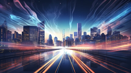 Fototapeta premium Abstract speeding motion blurred city and light trails, 3D rendering
