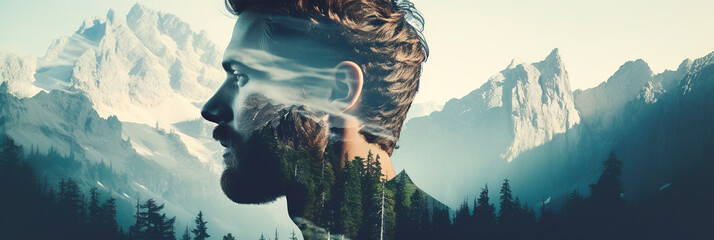 Human is part of nature. Banner with Transparent profile of young man and mountain landscape. Earth Day. Double exposure. - obrazy, fototapety, plakaty