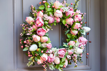 Easter spring wreath on a lilac wooden door