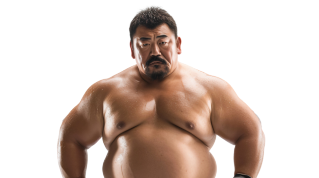Portrait of an overweight muscular man, wrestling athlete, isolated on transparent background