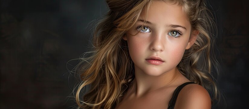 A young girl with long hair is striking a pose for a studio portrait. Her captivating and mesmerizing beauty is evident in this stunning image.