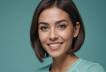 A smiling woman with a bob haircut presents an elegant look. The blue background enhances her casual yet chic style.