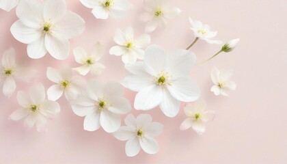 Fototapeta na wymiar Whispering Petals: White Florals Against Soft Pastel Pink