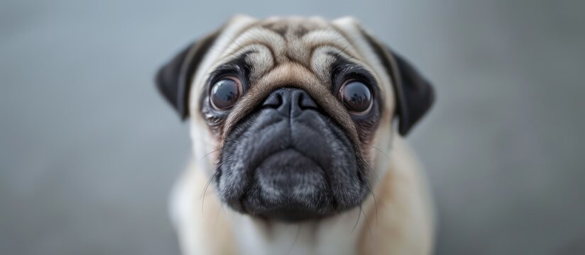 This photograph captures a detailed close-up of the face of a pug dog, revealing its depressed expression, against a gray backdrop.