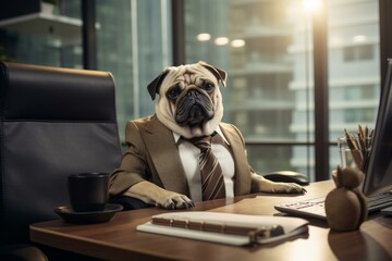 Authoritative Pug boss. Busy office suit. Generate Ai