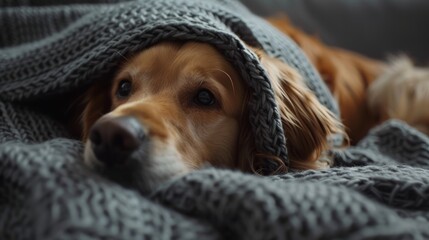 Bored young golden retriever dog under light gray plaid. Pet warms under a blanket in cold winter weather. Pets friendly and care concept.