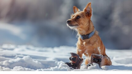 Cute little terrier wearing snow shoes on all four paws for protection and a warm coat against the...