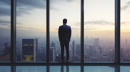 Fototapeta na wymiar Back view of a business executive in a suit standing by a large window with a panoramic view of the urban city skyline.