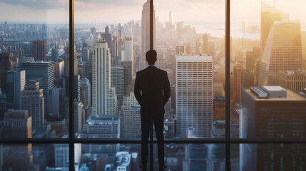 Fototapeta premium Back view of a business executive in a suit standing by a large window with a panoramic view of the urban city skyline.