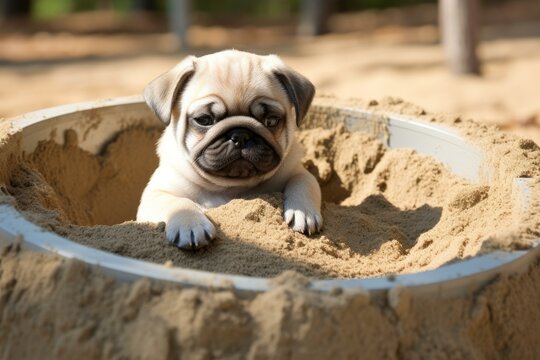 Playful Pug puppy in sandbox doggy. Dog portrait adorable domestic. Generate Ai